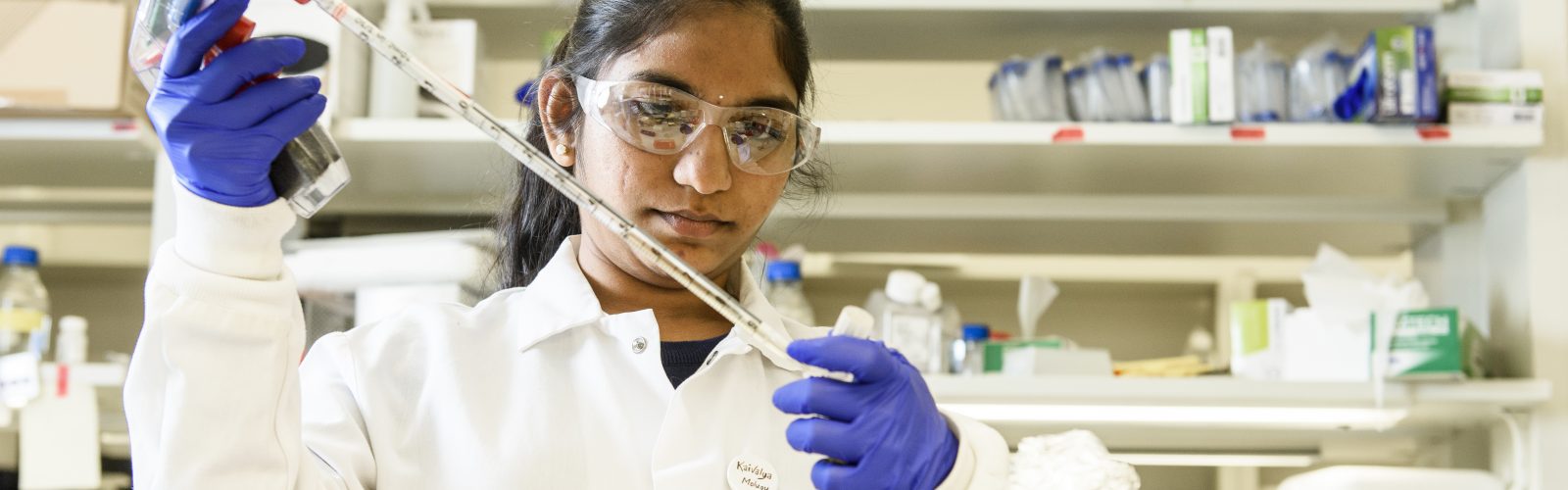 Kalvalya Molugu, graduate student at the University of Wisconsin-Madison, works with stem cells in a lab at the Wisconsin Institute for Discovery