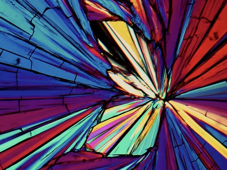 A polarizer makes arabitol shine as light passes through the sugar alcohol, illuminating its crystalline structure like a pane of stained glass or the sections of a butterfly wing. The crystal structures of drugs have profound influence on the way pharmaceuticals work in the body. Observing crystal formation in arabitol and similar substances helps researchers ensure safe and effective pharmaceuticals (and sharp LCD screens and perfectly tempered chocolate).