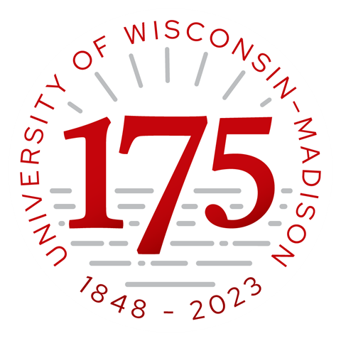 Circular red and black logo with 175 at center, surrounded by words: "University of Wisconsin–Madison 1848-2023