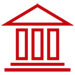 Red illustrated icon depicting a columned building, representing the concept of an institution.