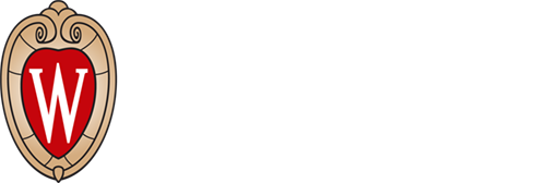 The university logo featuring a red W crest to the left and white lettering on the right that reads "Wisconsin" above smaller font that reads "University of Wisconsin–Madison."