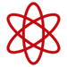A red illustrated icon depicting an atom.