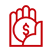 Red illustrated icon of a hand holding a dollar sign, representing financial contributions.