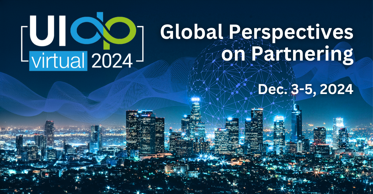 Promotional banner for the UIDP Virtual 2024 conference titled 'Global Perspectives on Partnering' occurring from December 3-5, 2024, featuring a futuristic graphic of a city skyline at night with digital connections overlaid.