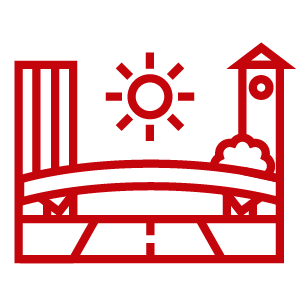 Red icon of a campus bridge