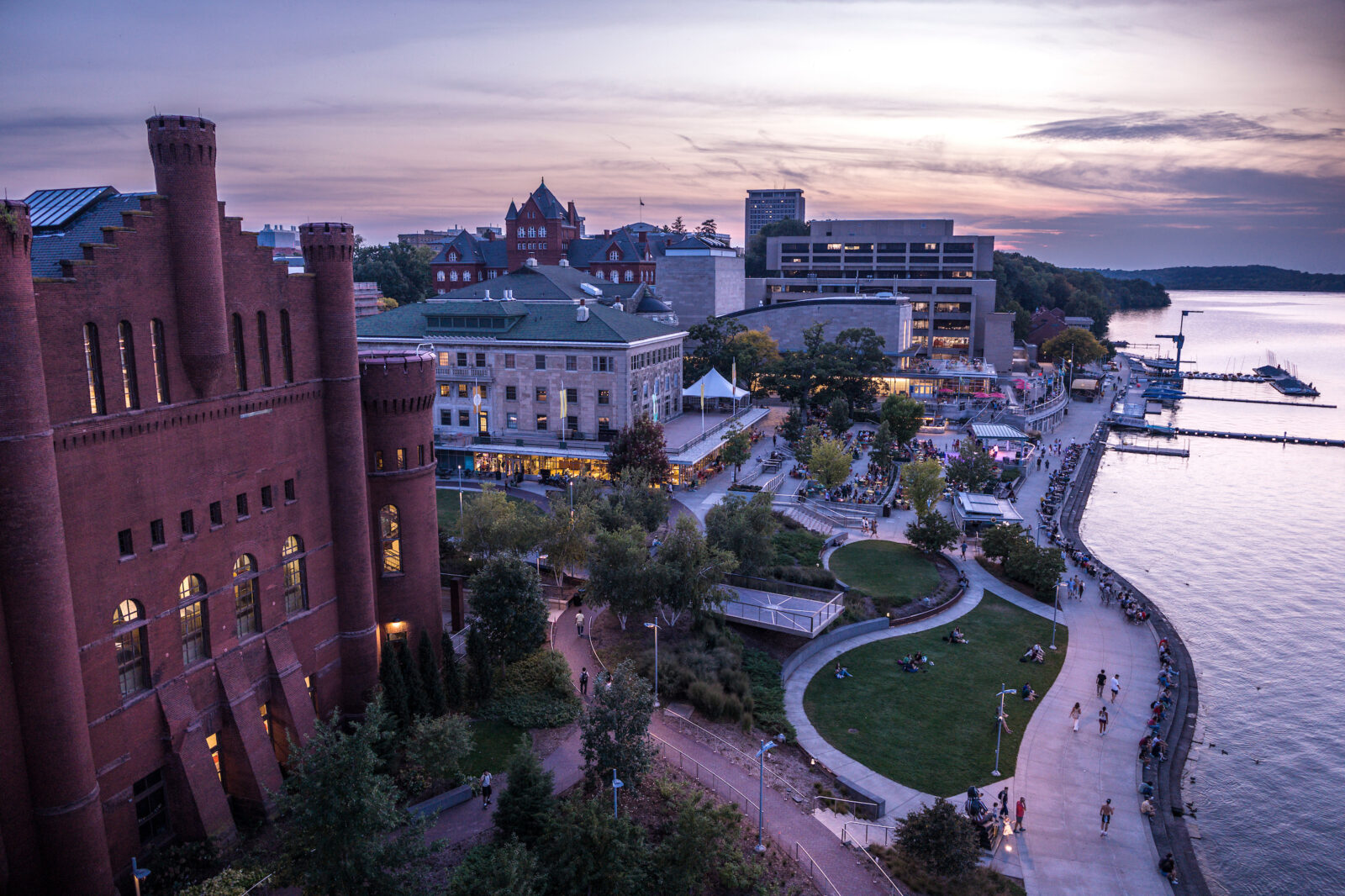 The Red Gym, Alumni Park, the Memorial Union Terrace and Lake Mendota just after sunset photographed by drone