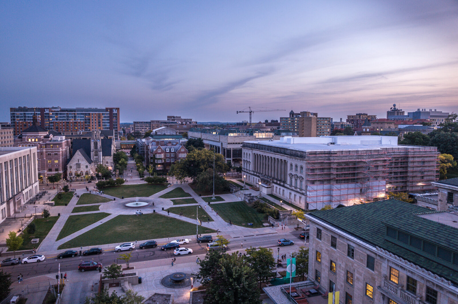 Library Mall looking south just after sunset by drone