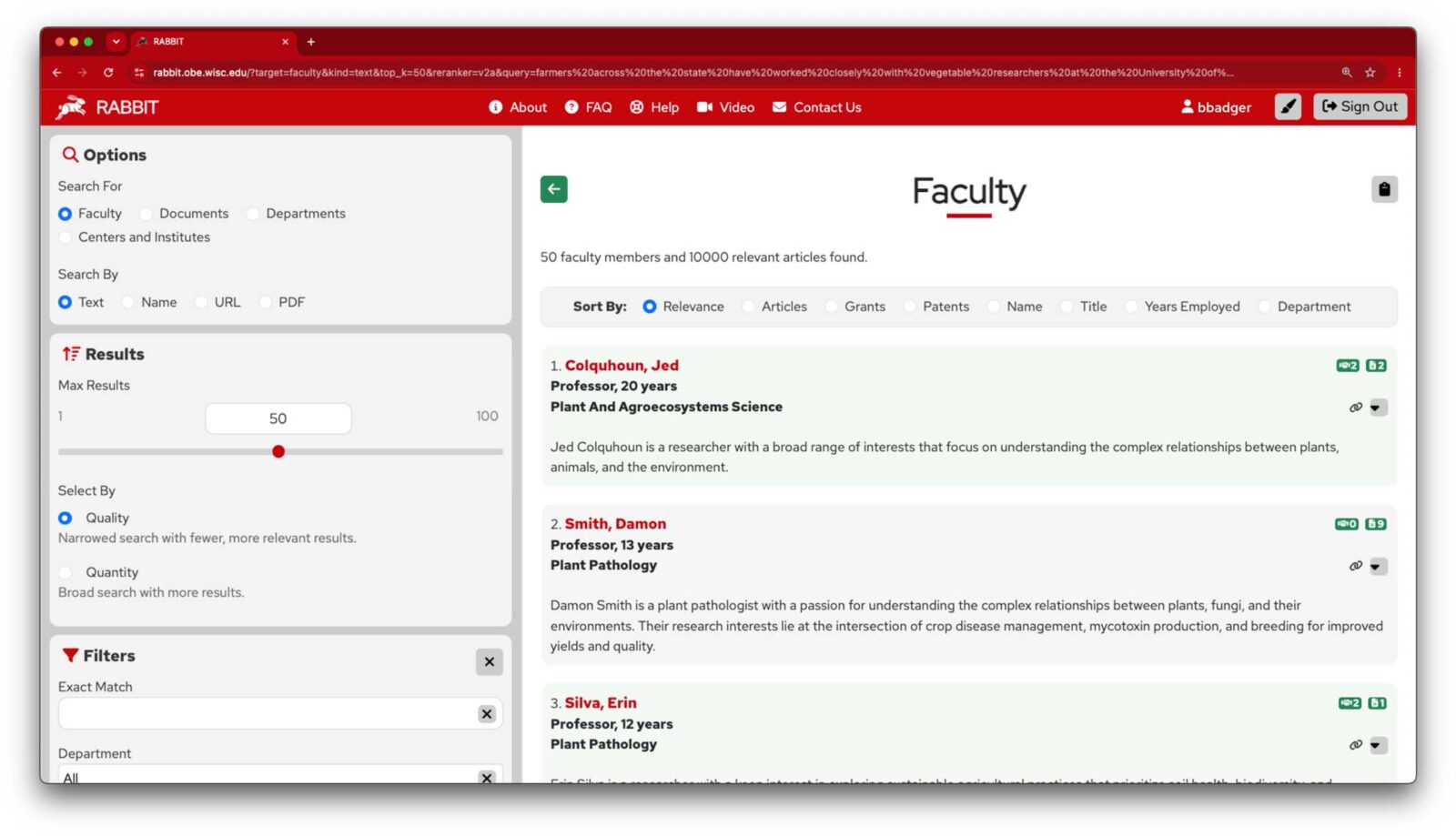 screenshot of RABBIT search results