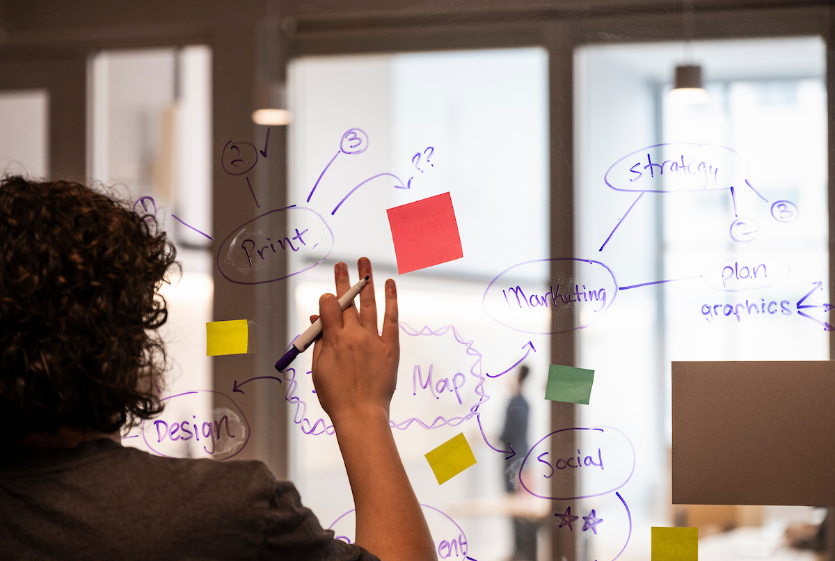 A person takes brainstorming notes on glass with a purple marker and colorful post-it notes.