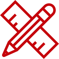 Red pencil and ruler illustrated icon.