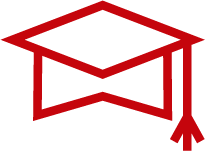 Red graduation cap illustrated icon.